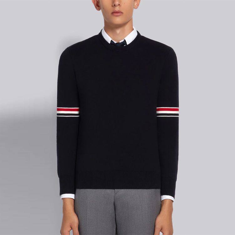 Lookbook Thom Browne Navy Classic Stripe Cotton Knit Pullover Sweater Lelaki MKA326A-Y3001-415