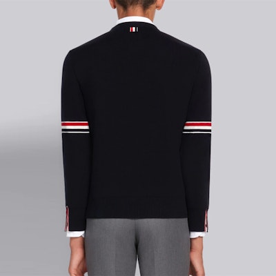Thom Browne Navy Classic Stripe Cotton Knit Pullover Sweater Lelaki MKA326A-Y3001-415 Shop Thom Browne Navy Classic Stripe Cotton Knit Pullover Sweater Lelaki MKA326A-Y3001-415
