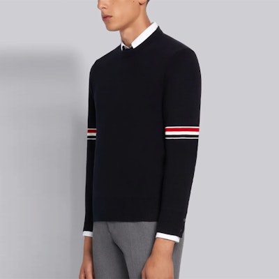 Thom Browne Navy Classic Stripe Cotton Knit Pullover Sweater Lelaki MKA326A-Y3001-415 Purchase Thom Browne Navy Classic Stripe Cotton Knit Pullover Sweater Lelaki MKA326A-Y3001-415
