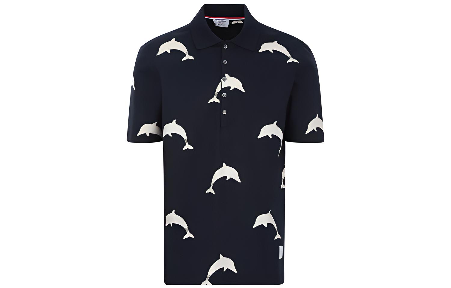 THOM BROWNE Navy Dolphin Print Short Sleeve Polo Shirt MJP078A-06463-415