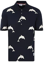 THOM BROWNE Navy Dolphin Print Short Sleeve Polo Shirt MJP078A-06463-415 THOM BROWNE Navy Dolphin Print Short Sleeve Polo Shirt MJP078A-06463-415