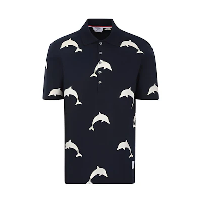THOM BROWNE Navy Dolphin Print Short Sleeve Polo Shirt MJP078A-06463-415