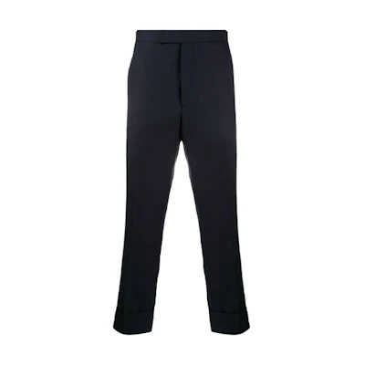 Thom Browne Navy Hidden Closure Twill Cropped Trousers. MTC001A-00626-415