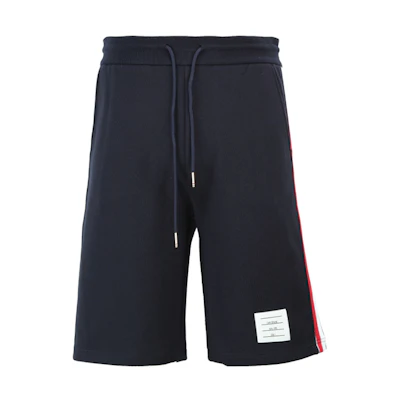 THOM BROWNE Navy Mid-Rise Casual Shorts with Triple-Stripe Detail. MJQ096A-03377-415