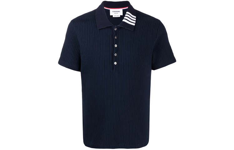 Order Thom Browne Polo Shirt Navy Garis Ribbed untuk Musim Panas. MJP116A-07063-415