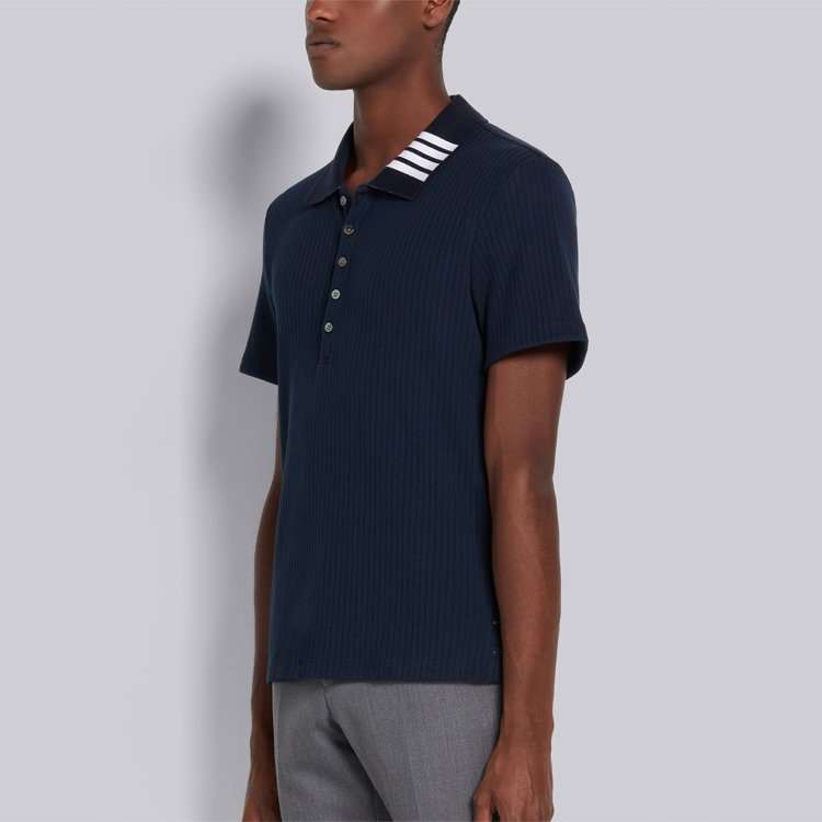 Purchase Thom Browne Polo Shirt Navy Garis Ribbed untuk Musim Panas. MJP116A-07063-415