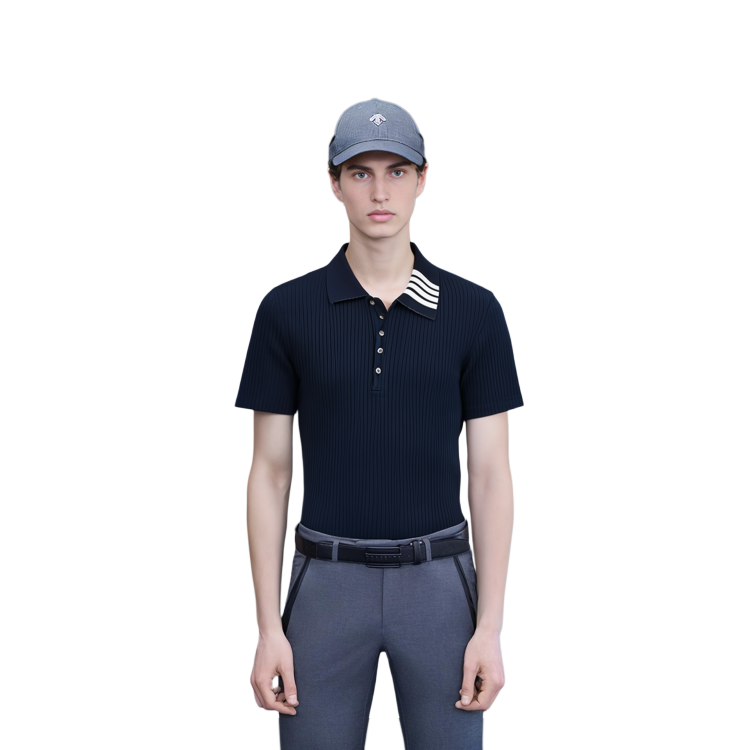 Details for Thom Browne Polo Shirt Navy Garis Ribbed untuk Musim Panas. MJP116A-07063-415