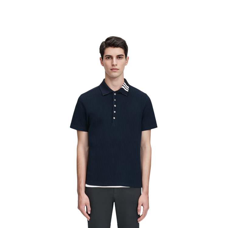 Sizing Thom Browne Polo Shirt Navy Garis Ribbed untuk Musim Panas. MJP116A-07063-415