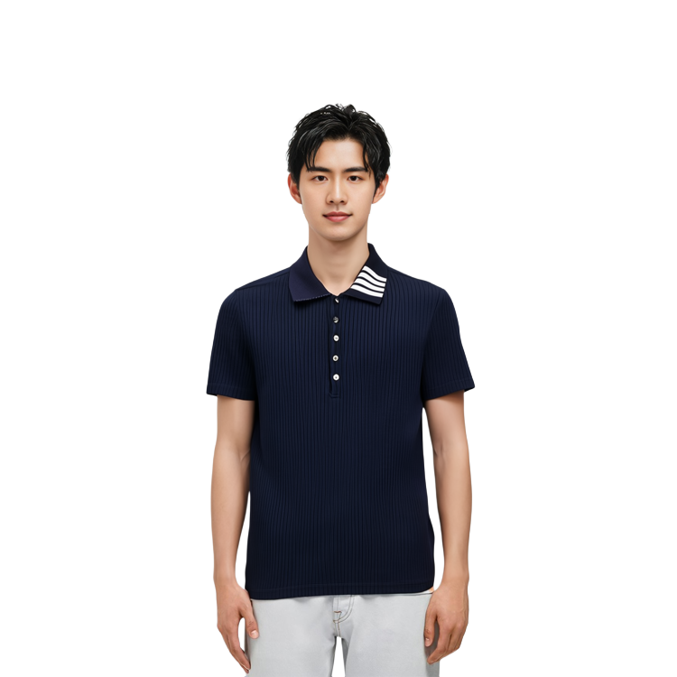 Cheap Thom Browne Polo Shirt Navy Garis Ribbed untuk Musim Panas. MJP116A-07063-415