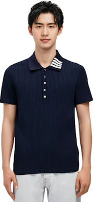 Thom Browne Polo Shirt Navy Garis Ribbed untuk Musim Panas. MJP116A-07063-415 Cheap Thom Browne Polo Shirt Navy Garis Ribbed untuk Musim Panas. MJP116A-07063-415