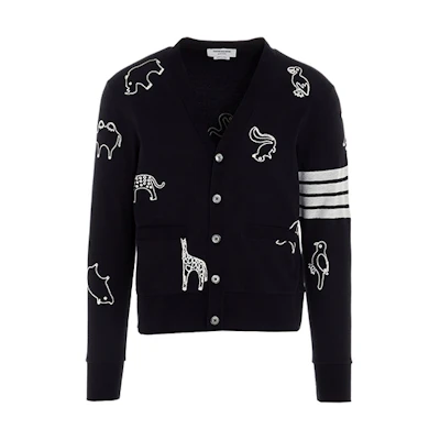 THOM BROWNE Navy V-neck Knit Sweater 4-Bar Animal Print Embroidery MJT257E-00050-415