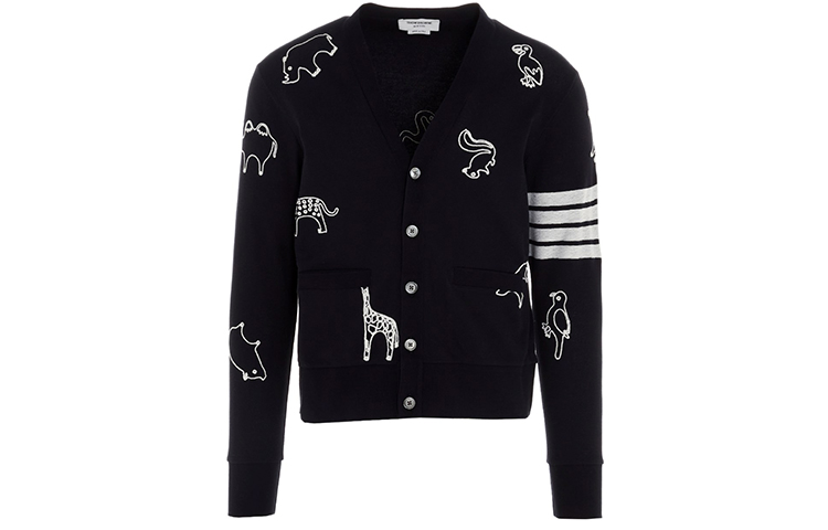 THOM BROWNE Navy V-neck Knit Sweater 4-Bar Animal Print Embroidery MJT257E-00050-415 圖 2