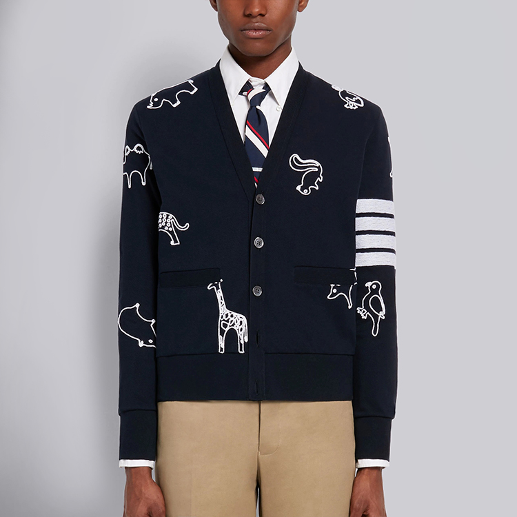 THOM BROWNE Navy V-neck Knit Sweater 4-Bar Animal Print Embroidery MJT257E-00050-415 圖 4