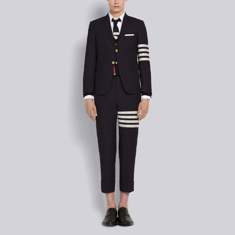 Shop Thom Browne Navy Wool Single-Breasted Blazer with Four Stripes Ivy Style. MJC001A-06146-415