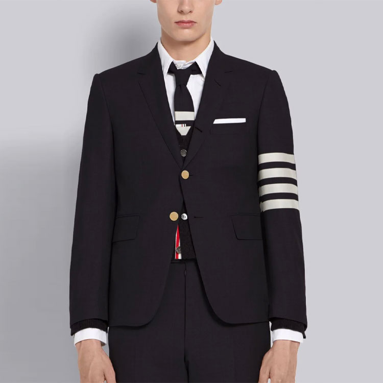 Purchase Thom Browne Navy Wool Single-Breasted Blazer with Four Stripes Ivy Style. MJC001A-06146-415