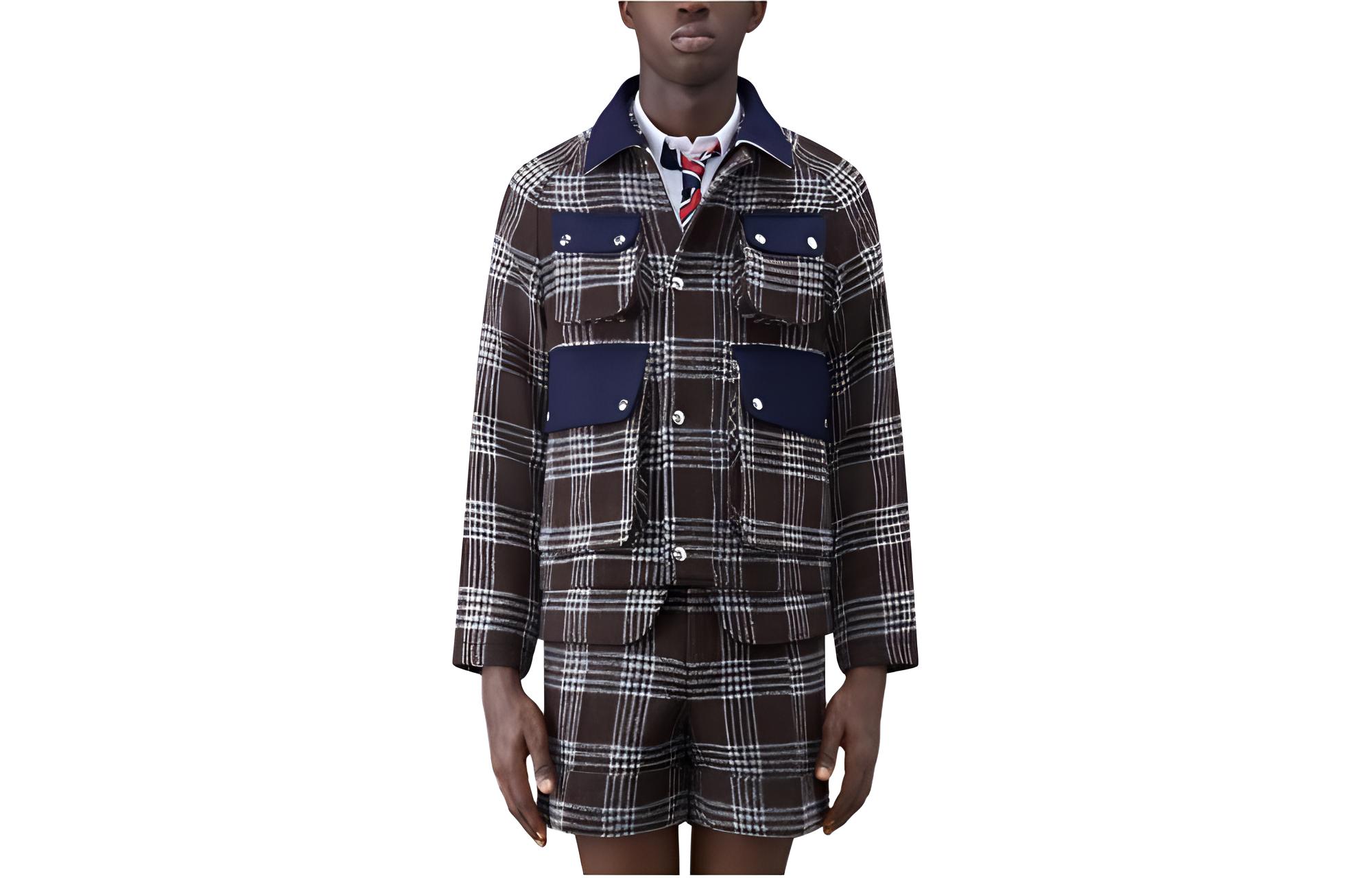 Thom Browne Prince Of Wales Checked Crop Top Field Jacket Dark Grey MOT084C-F0344-205