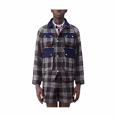 Thom Browne Prince Of Wales Checked Crop Top Field Jacket Dark Grey MOT084C-F0344-205