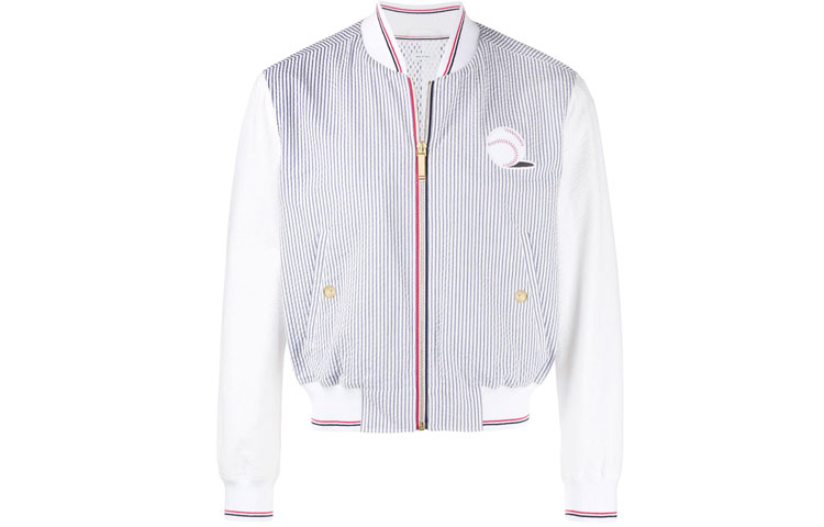 Thom Browne Seersucker Embroidered Striped Bomber Jacket Blue MJO030E-00572-415