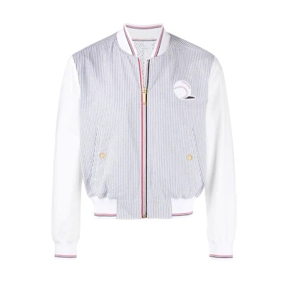 Thom Browne Seersucker Embroidered Striped Bomber Jacket Blue MJO030E-00572-415