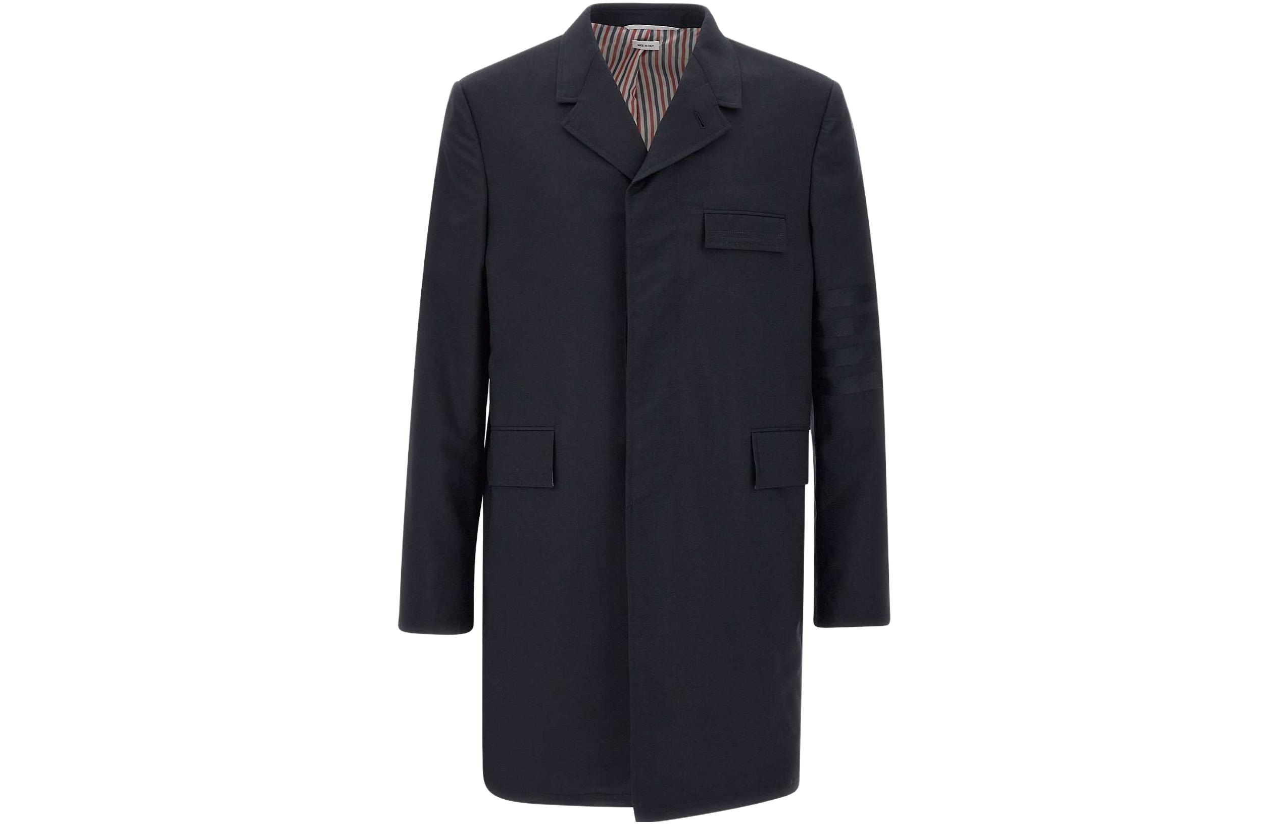 THOM BROWNE Solid Navy Blue Single-Breasted Mid-Length Coat for Men MOC005-A06146-420