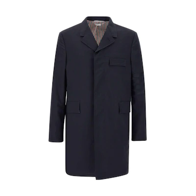 THOM BROWNE Solid Navy Blue Single-Breasted Mid-Length Coat for Men MOC005-A06146-420