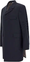 Shop THOM BROWNE 男士純藍色中長款單排扣大衣 MOC005-A06146-420