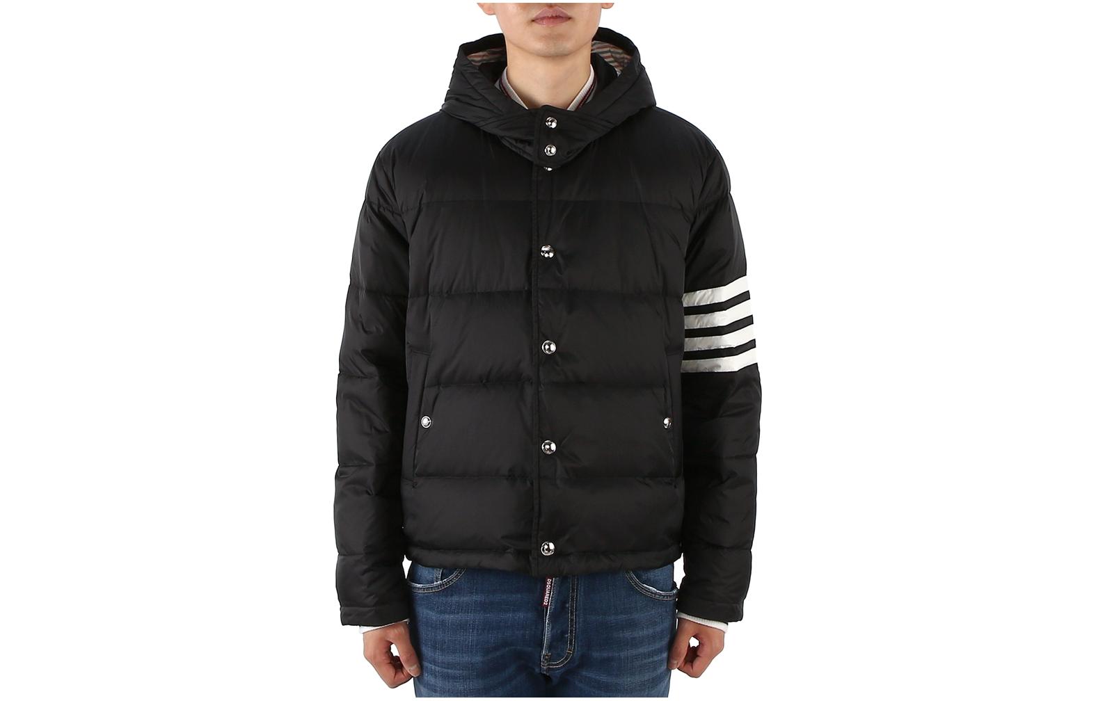 Thom Browne Solid Stripe Padded Detachable Hood Bomber Jacket Black MJD064X-05411-001