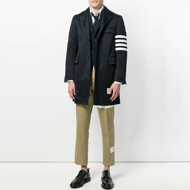 Lookbook THOM BROWNE SS21 Abrigo Clásico Azul Marino Twill con Cuatro Rayas MOU543A-03788-415
