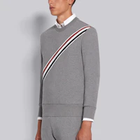 Details for 톰 브라운 SS21 클래식 스트라이프 크루넥 맨투맨 남성용 라이트 그레이 MJT276A-03377-035