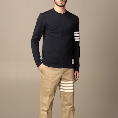톰 브라운 SS21 네이비 컬러블록 스트라이프 프린트 긴팔 티셔츠. MJS151A-06221-415 Purchase 톰 브라운 SS21 네이비 컬러블록 스트라이프 프린트 긴팔 티셔츠. MJS151A-06221-415