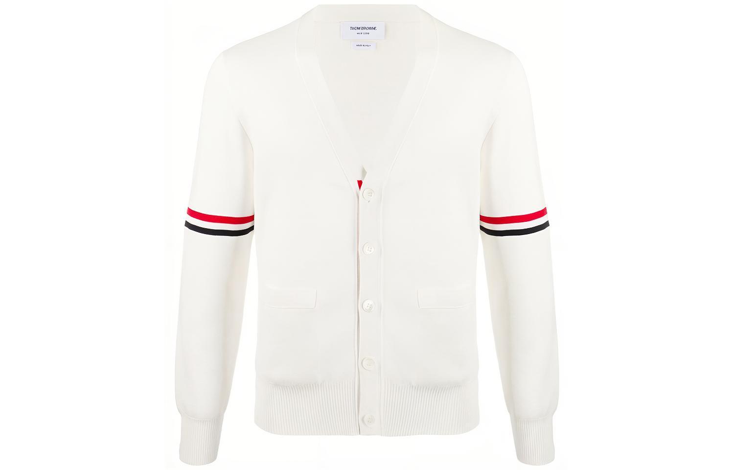 THOM BROWNE SS21 Cross-Stitch Striped V-Neck Sweater Cardigan White MKC310AY-3007-100