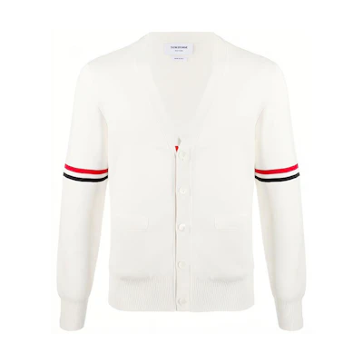 THOM BROWNE SS21 Cross-Stitch Striped V-Neck Sweater Cardigan White MKC310AY-3007-100