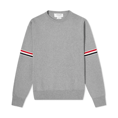 Thom Browne SS21 Grey Cross-Stitch Striped Crewneck Knit Sweater MKA326A-Y3001-055