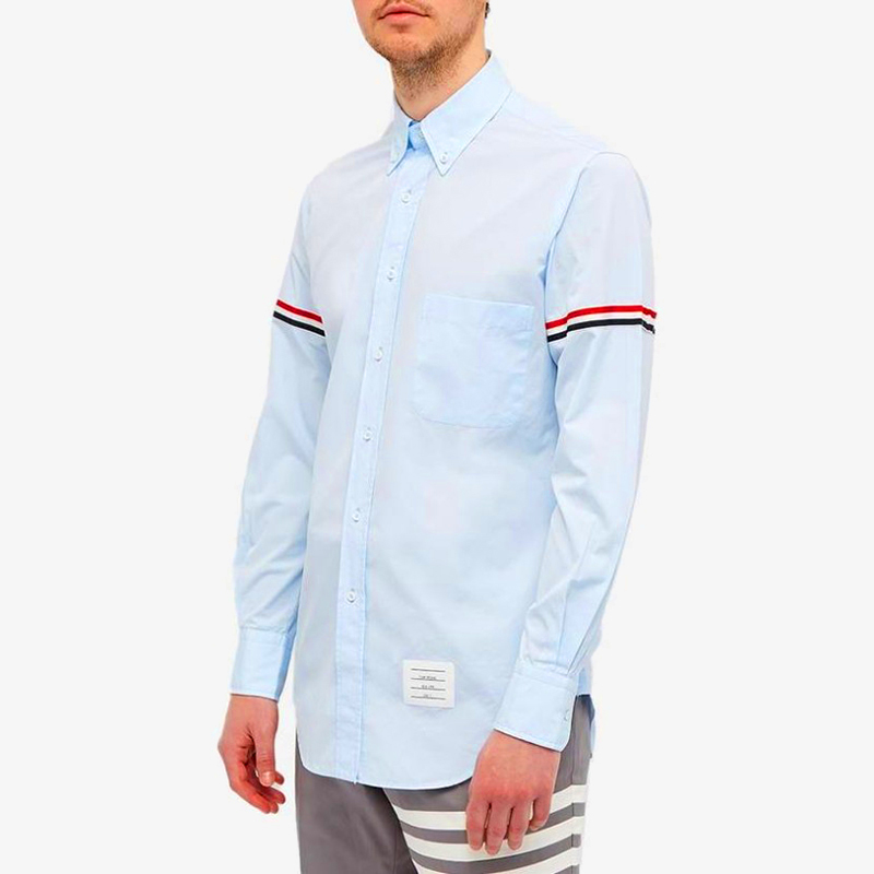 Shop THOM BROWNE SS21 Camisa Azul Claro Manga Larga con Rayas en el Brazo MWL150E-03113-480