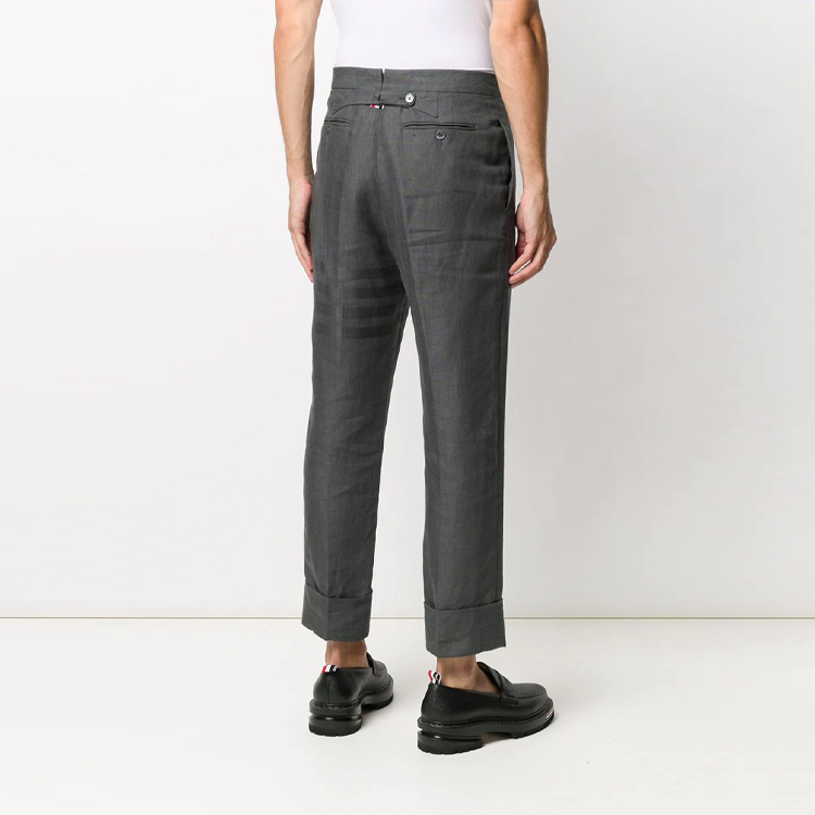 Shop THOM BROWNE SS21 Celana Linen 4-Bar Klasik Warna Abu Tua MTC001A-07135-025