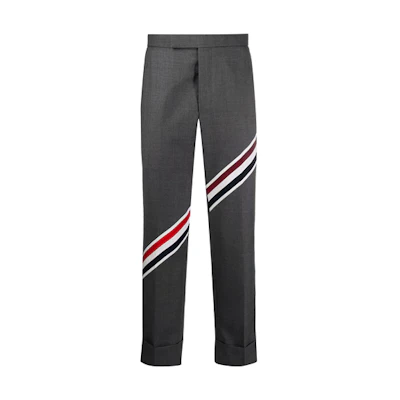 Thom Browne SS21 Mens Gray Wool Trousers with Ribbons and Diagonal Stripes. MTC160A-00626-035