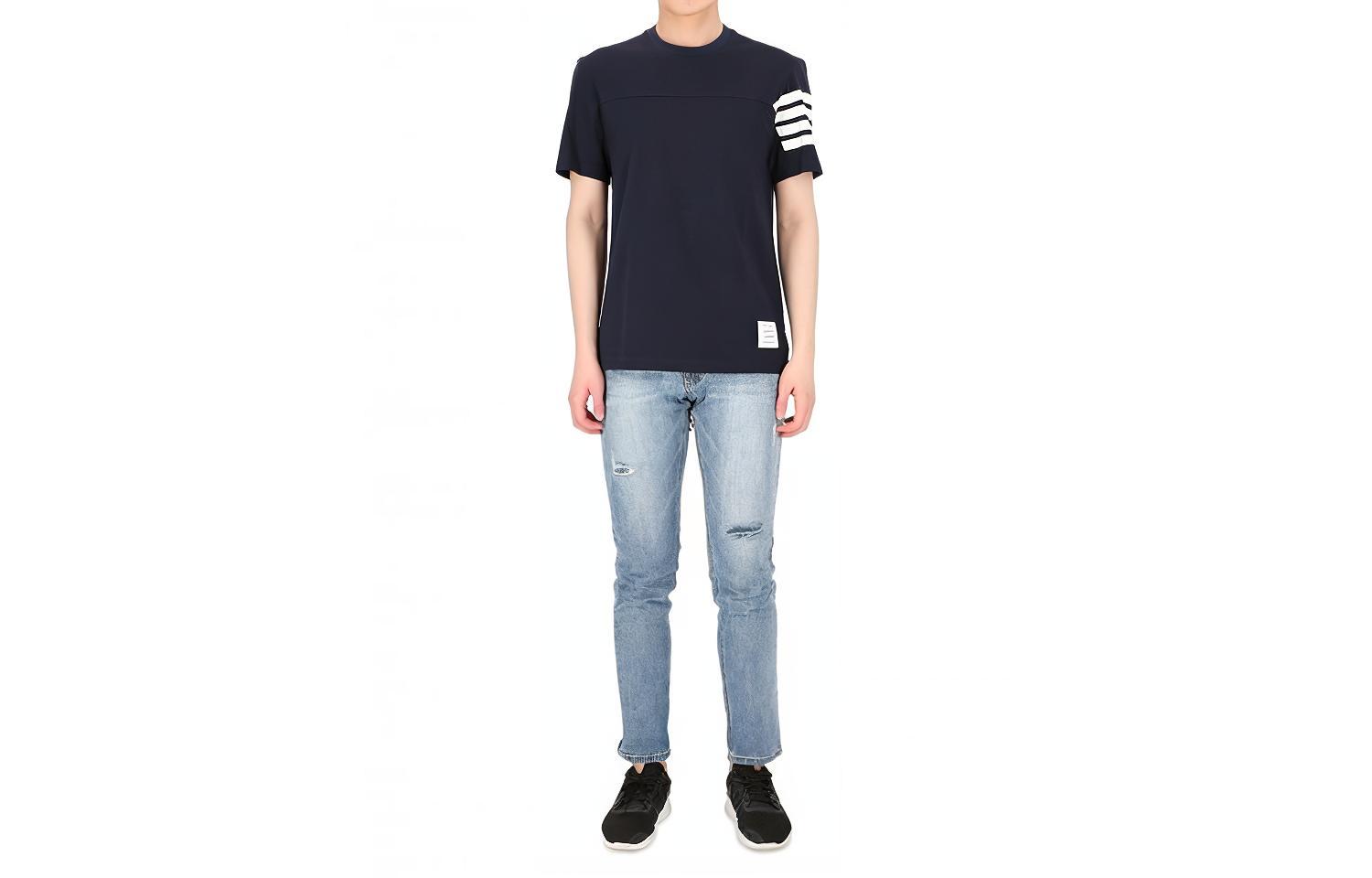 THOM BROWNE SS21 Navy 4-Bar Stripe Cotton Crewneck T-Shirt MJS152A-06221-415