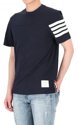 THOM BROWNE SS21 Navy 4-Bar Stripe Cotton Crewneck T-Shirt MJS152A-06221-415 Details for THOM BROWNE SS21 Navy 4-Bar Stripe Cotton Crewneck T-Shirt MJS152A-06221-415