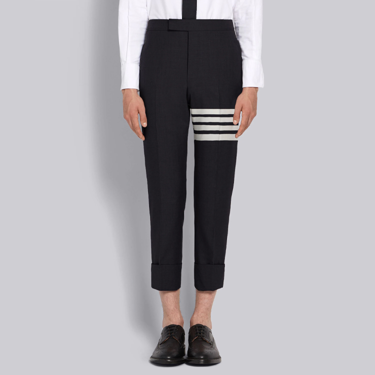 Shop Thom Browne SS21 海軍藍4條紋直筒休閒長褲 MTC001A-06146-415