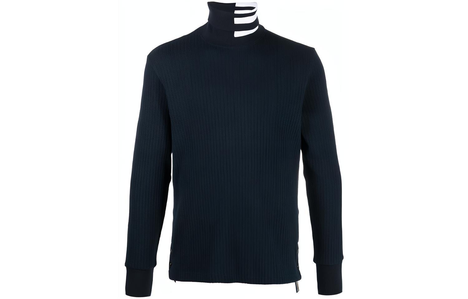 Thom Browne SS21 Navy High Neck Four-Bar Striped Knit Sweater. MJS135A-07063-415