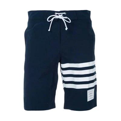 THOM BROWNE SS21 Navy Logo Stripe Beach Shorts MTU173E-02446-415