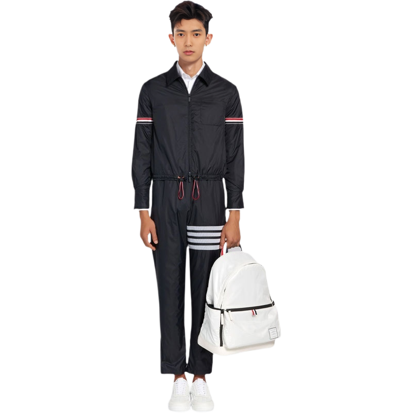 Thom Browne SS21 Navy Striped Collar Armband Zip Jacket Men MWL314A-06859-415