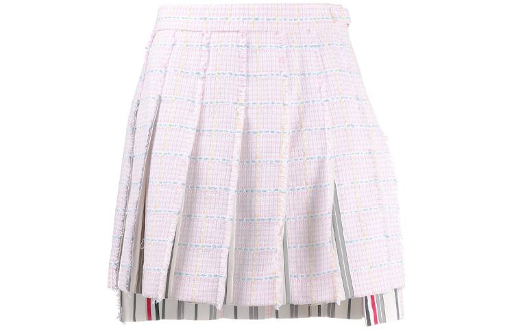 Thom Browne SS21 Pink Tweed Pleated Mid-Rise Skirt Back to School FGC724T-07109-680
