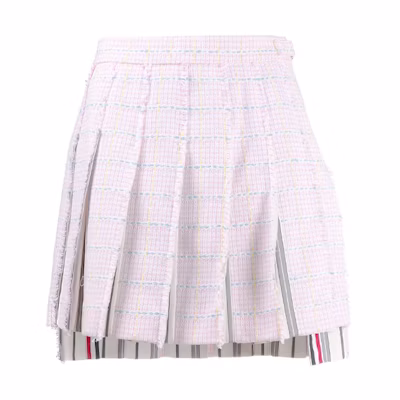 Thom Browne SS21 Pink Tweed Pleated Mid-Rise Skirt Back to School FGC724T-07109-680
