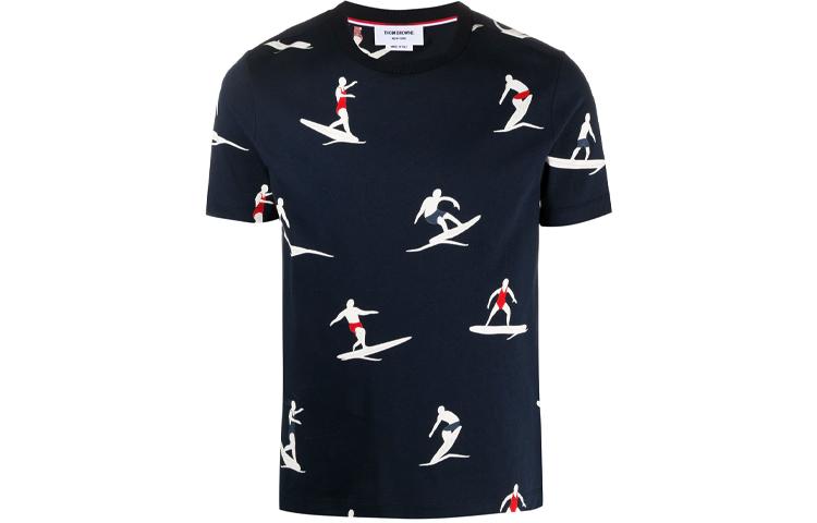 THOM BROWNE SS21 Surfer Print Pullover Short Sleeve T-Shirt Navy Blue . MJS141A-07657-415