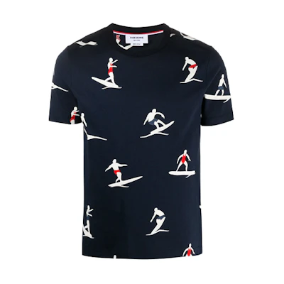 THOM BROWNE SS21 Surfer Print Pullover Short Sleeve T-Shirt Navy Blue . MJS141A-07657-415