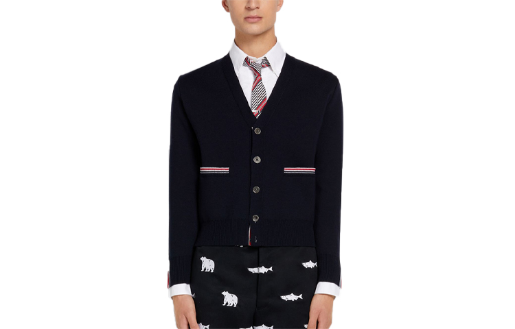 Thom Browne SS21 V-Neck Buttoned Striped Wool Sweater Navy Blue. MKC354A-Y1002-415
