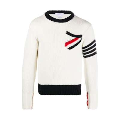 Thom Browne SS21 White 4-Bar Crewneck Pullover Knit Sweater . MKA353A-Y3017-100