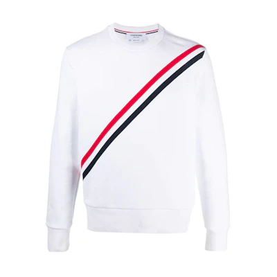 THOM BROWNE SS21 White Crewneck Pullover Sweatshirt with Chest Stripes. MJT276A-03377-100