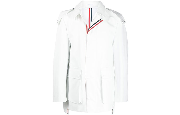 Thom Browne SS21 White Striped Long Sleeve Zip Jacket Coat MOT071O-07309-100